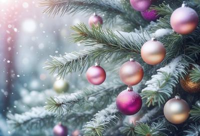 The primary subject of the image is a Christmas tree adorned with ornaments. The tree is covered in snow, giving it a wintry and festive appearance. The setting is a snowy environment, with the tree being the main focus of the scene. The visual style of the image is a combination of photo and digital art, creating a realistic yet artistic representation of the Christmas tree. The dominant colors in the image are white, purple, and gold, giving the scene a warm and festive atmosphere.
